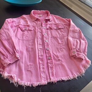 POL Pink Distressed Denim Jacket
